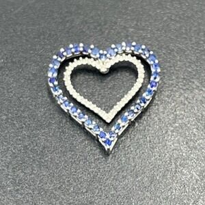 JWBR 10k White Gold Double Heart Pendant Blue Spinel and Diamond 21mm, 1.71g